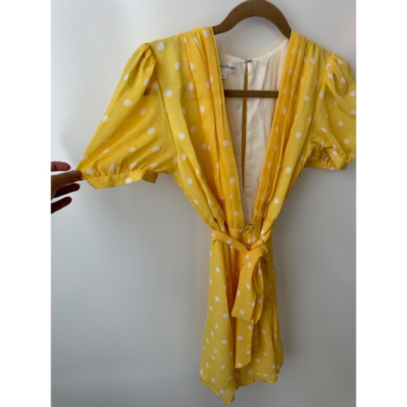 Privacy Please Carlotta Mini Yellow & White Polka Dots Deep V Neckline Dress S - Picture 5 of 5